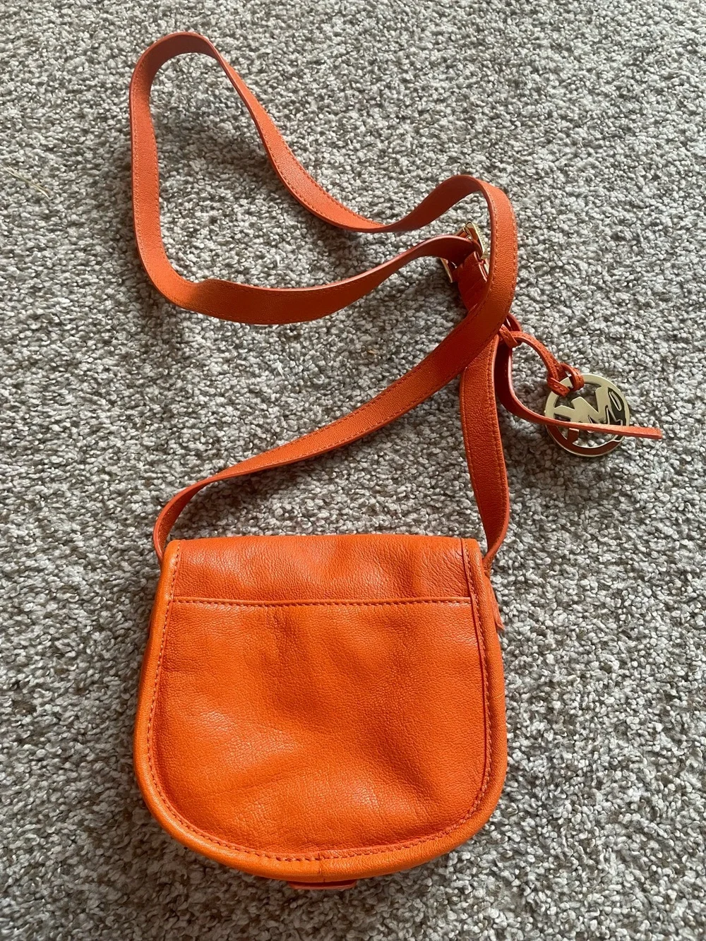 Michael Kors Saddle Flap Pebbled Crossbody Bag Small Orange Gold Hardware